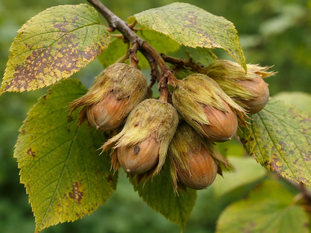 Close-up of hazelnuts on a branch with a few damaged nuts and mildly spotted leaves.