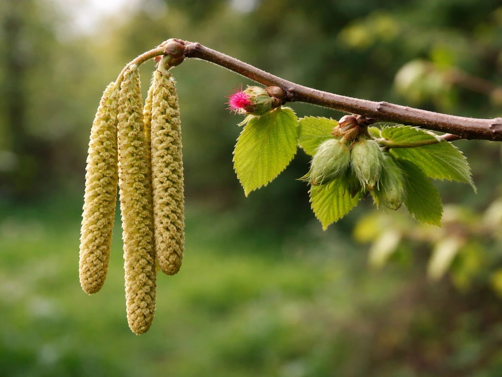 Close-up hazelnut branch showing catkins, a female flower bud, and small developing nuts.