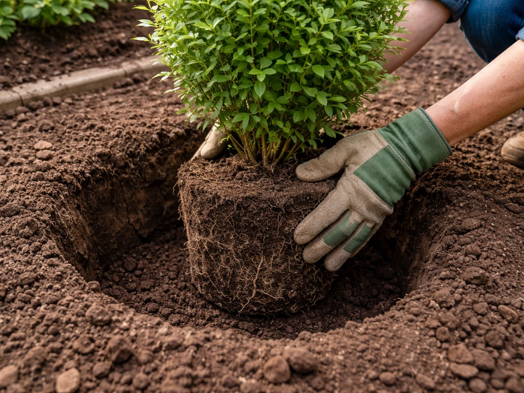 Close-up of a planting hole with roots set so the root collar sits at soil level