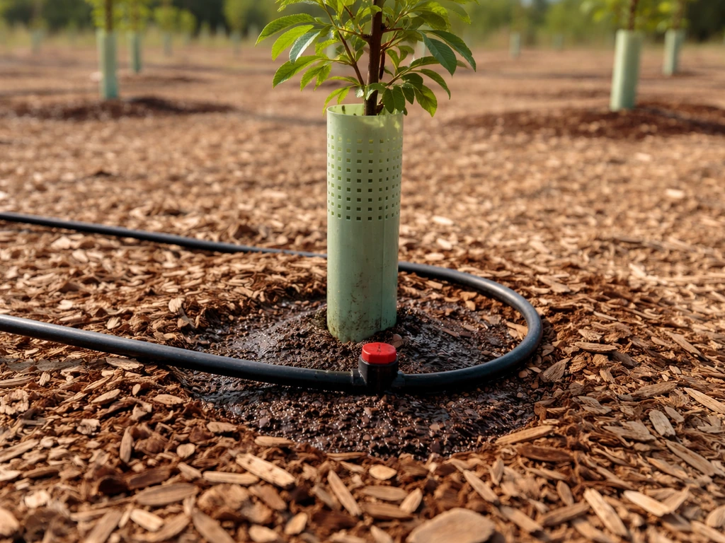 Young pecan sapling being watered during establishment