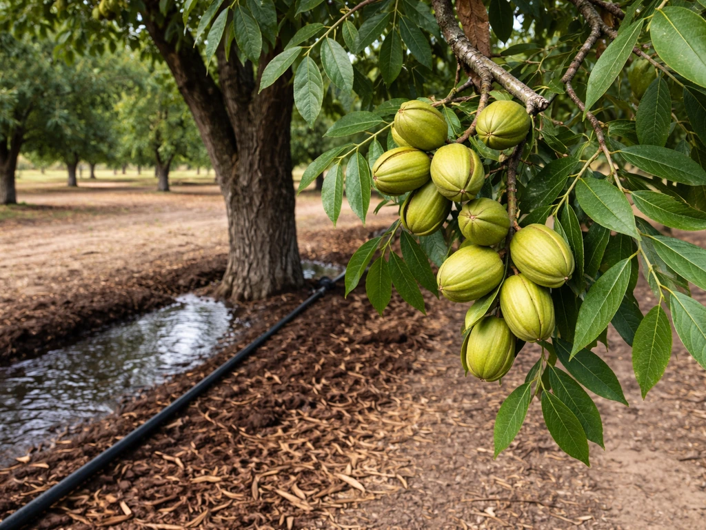 Mature pecan tree with nut fill stage and irrigation