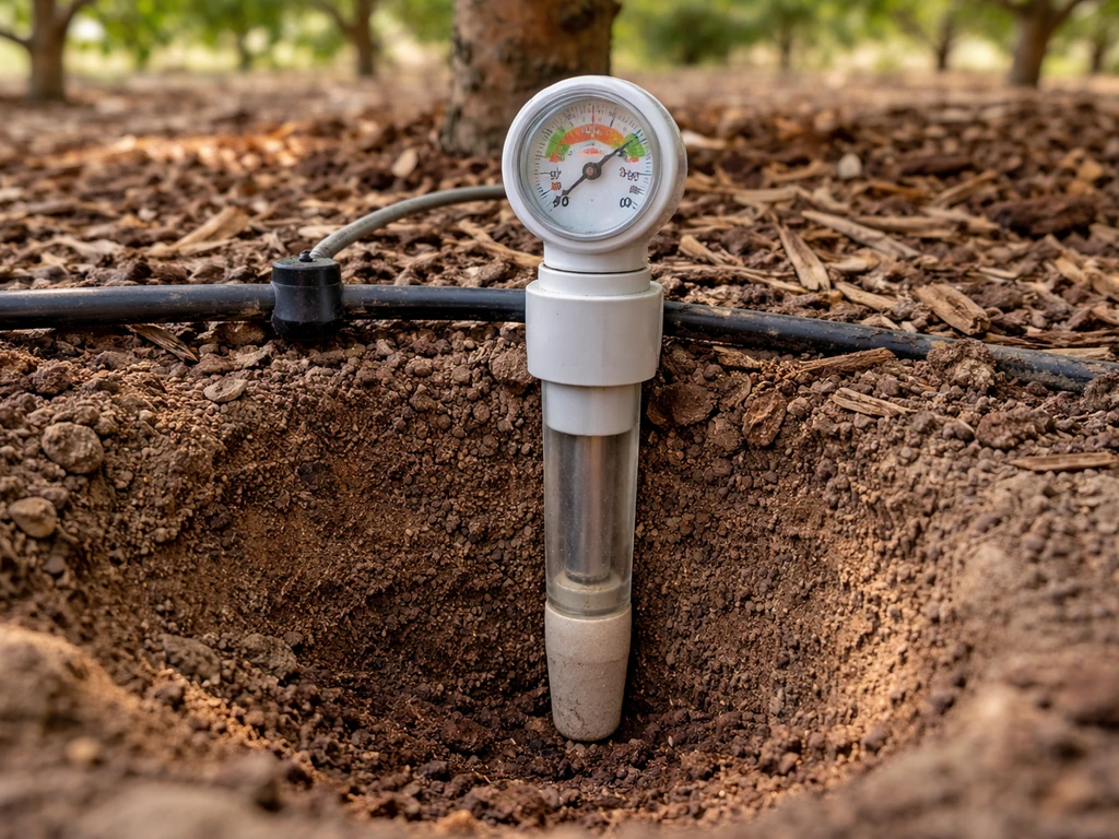 Tensiometer installed in soil for practical moisture monitoring