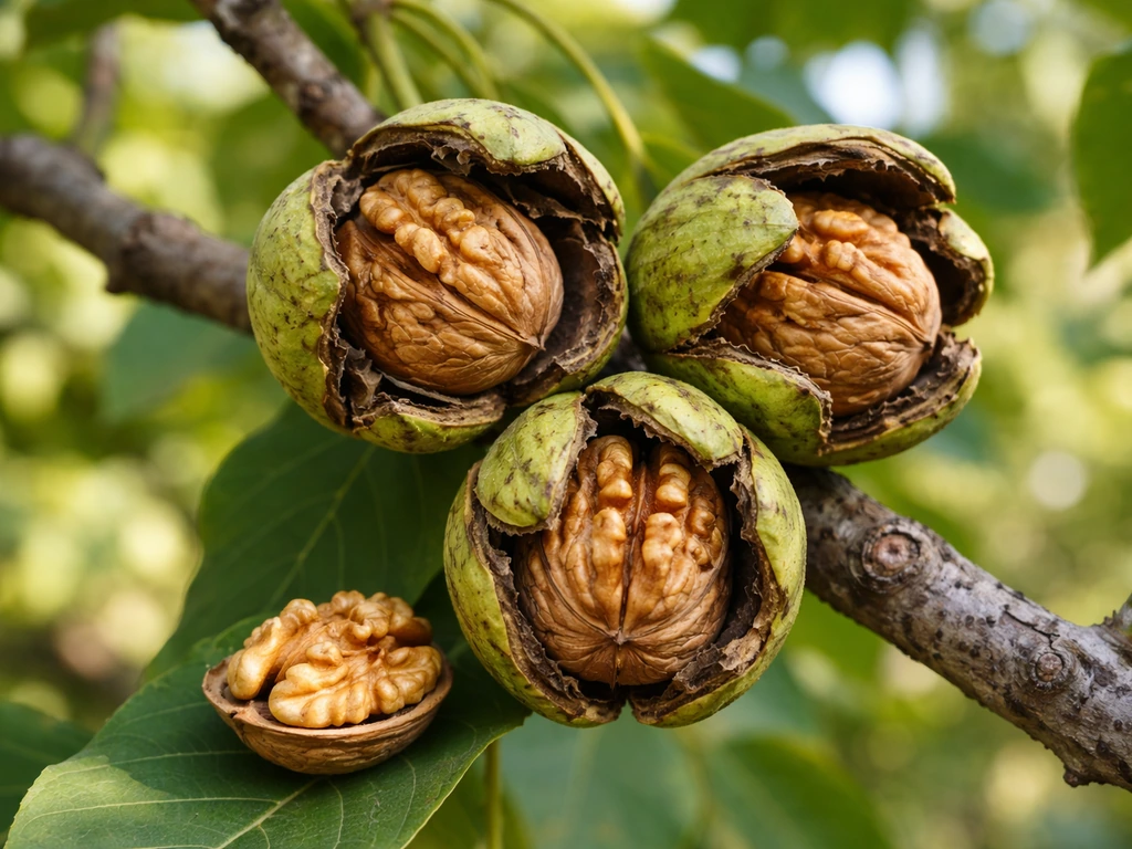 Close-up of English walnut husks and shells on a tree branch with one kernel beside them