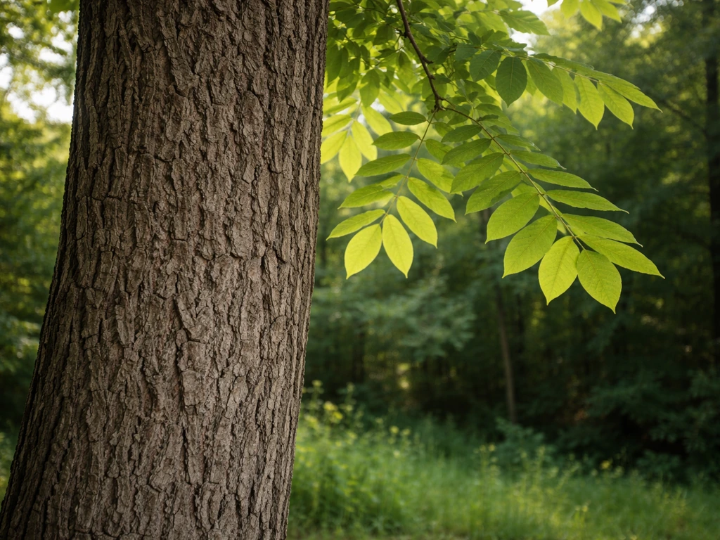 Close-up of a true walnut tree showing gray-brown ridged bark and pinnately compound leaves.