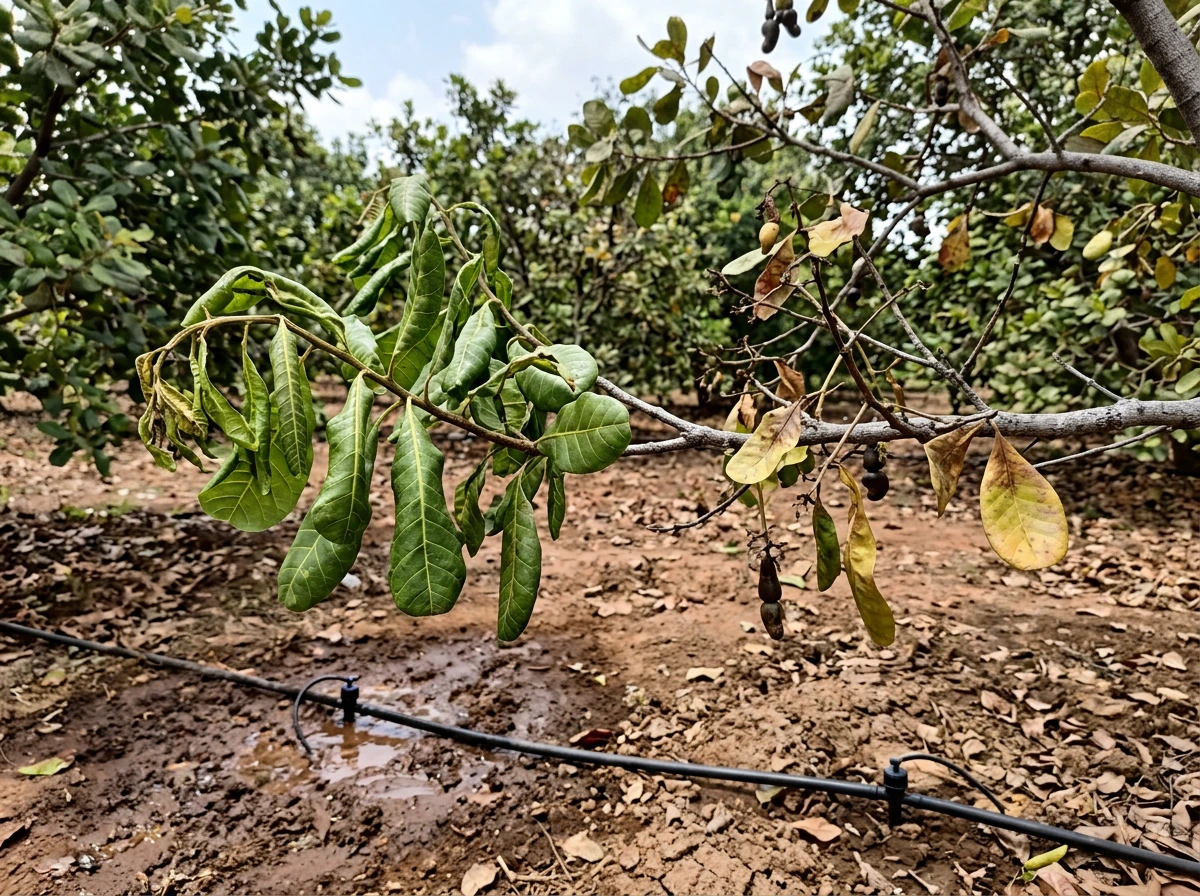 Cashew leaves showing under- and over-watering stress symptoms