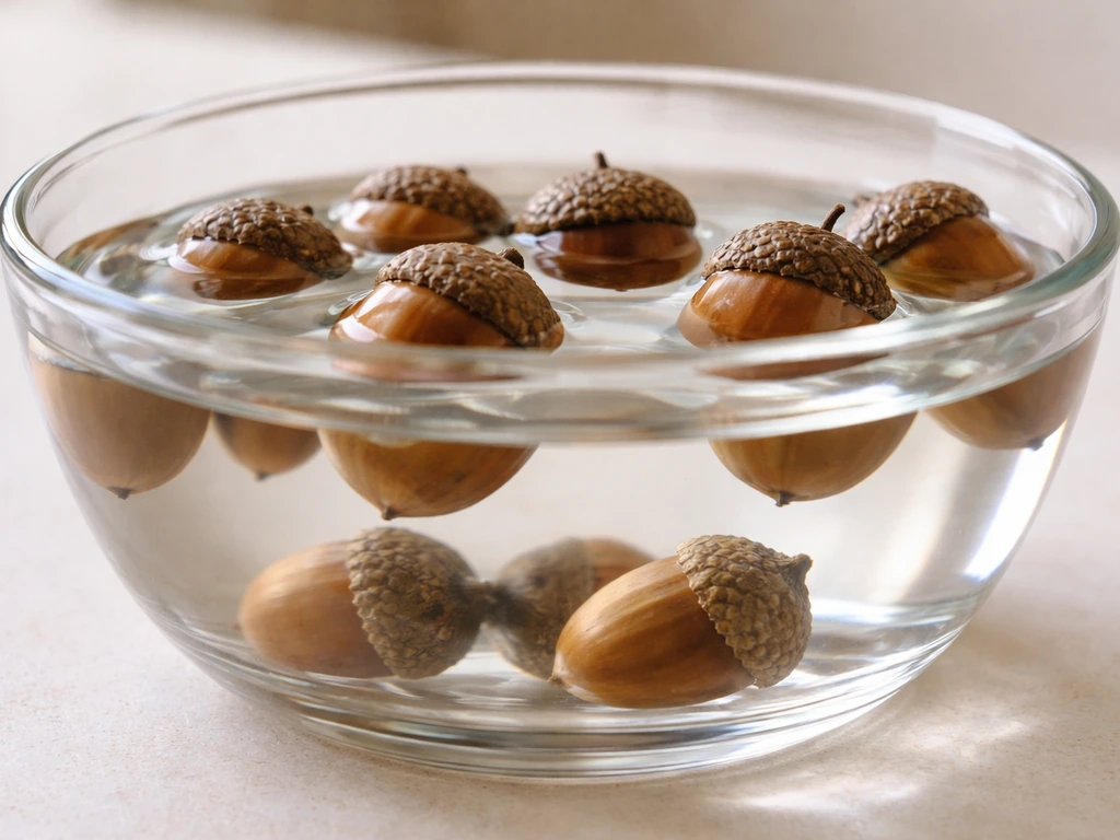 Floating acorns in a clear water bowl with a few sinking acorns for contrast