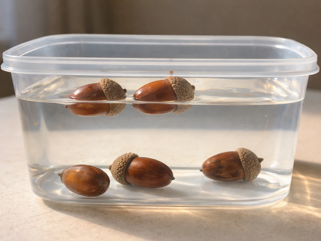 Acorns in a clear container of water, some floating and some sinking, showing float-test results