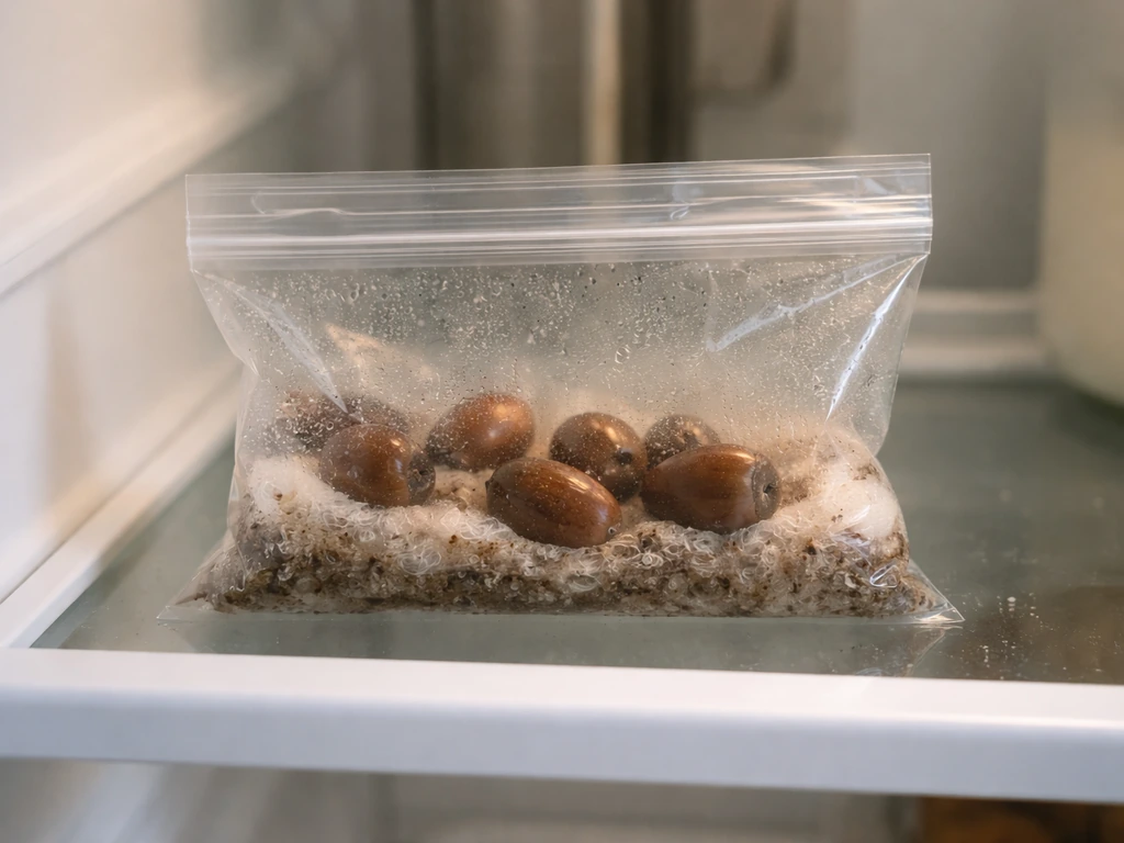 Acorns sealed in a clear bag with moist medium inside a refrigerator