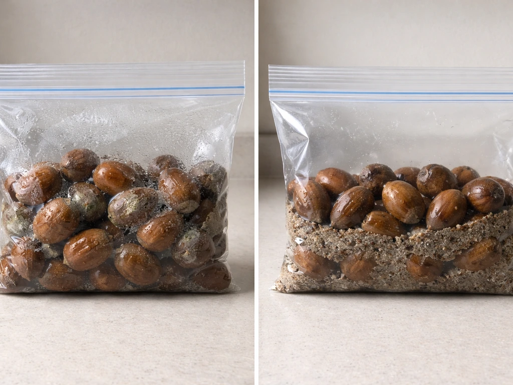 Side-by-side zip bags showing moldy, over-moist acorns versus clean, lightly moist stratification.