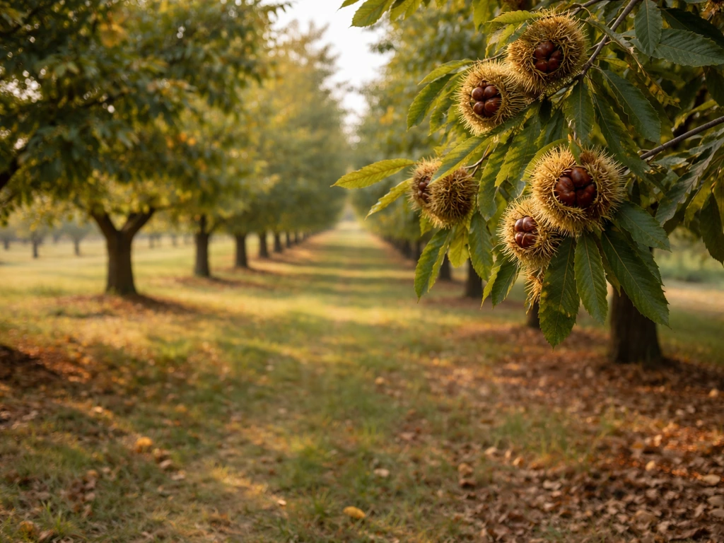 Mature chestnut trees with spiky burrs in a southern Canadian orchard under warm early-autumn light