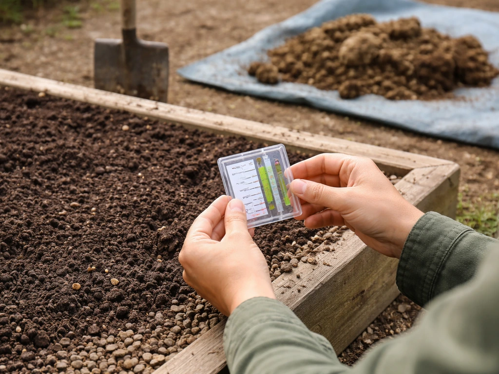 Hands testing soil pH beside a raised chestnut planting bed with drainage gravel and subsoil sample.