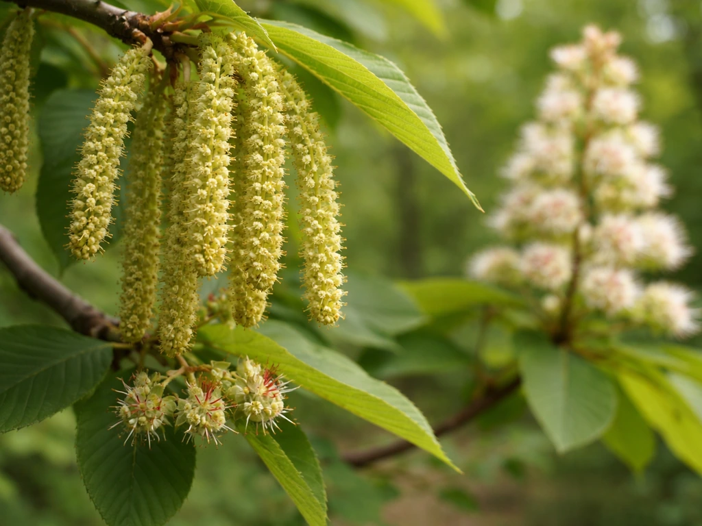 Close-up of chestnut male catkins and female flowers on the same branch with a second cultivar in blur.
