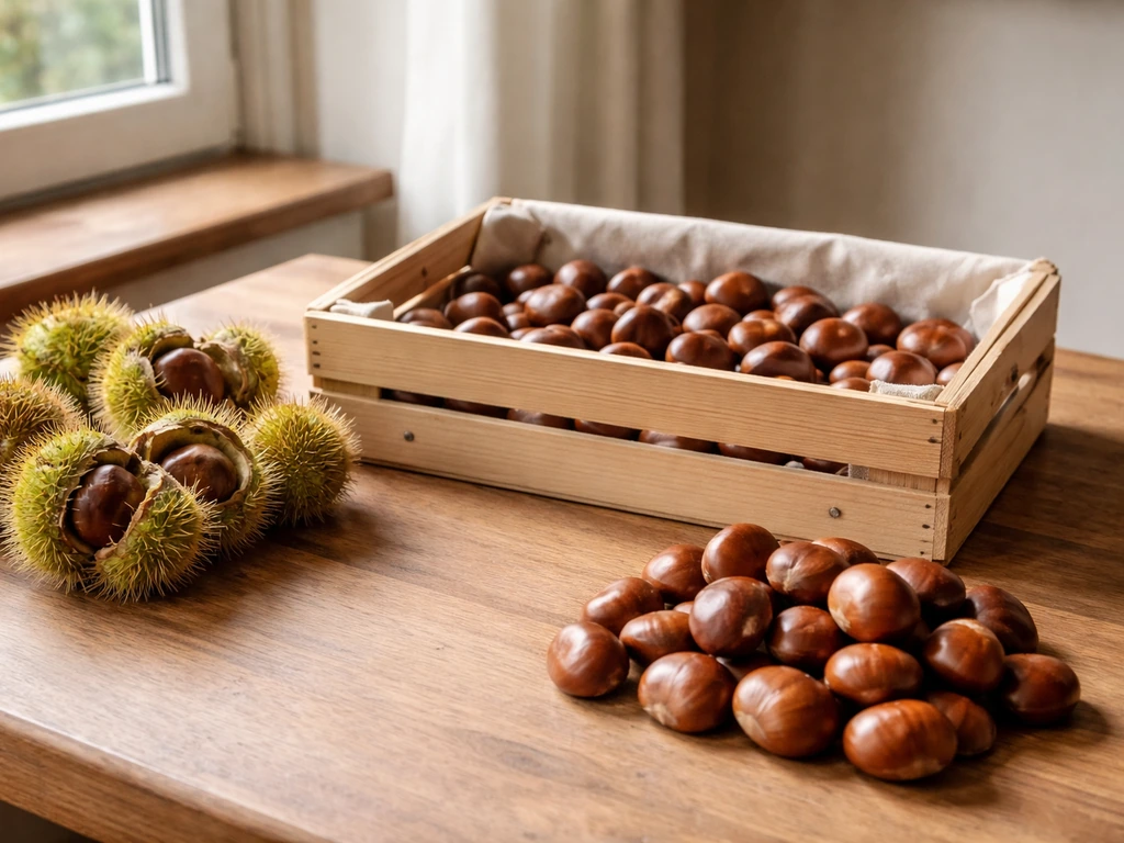Fresh chestnuts in burs, peeled cleaned nuts, and a ventilated wooden crate on a kitchen table.