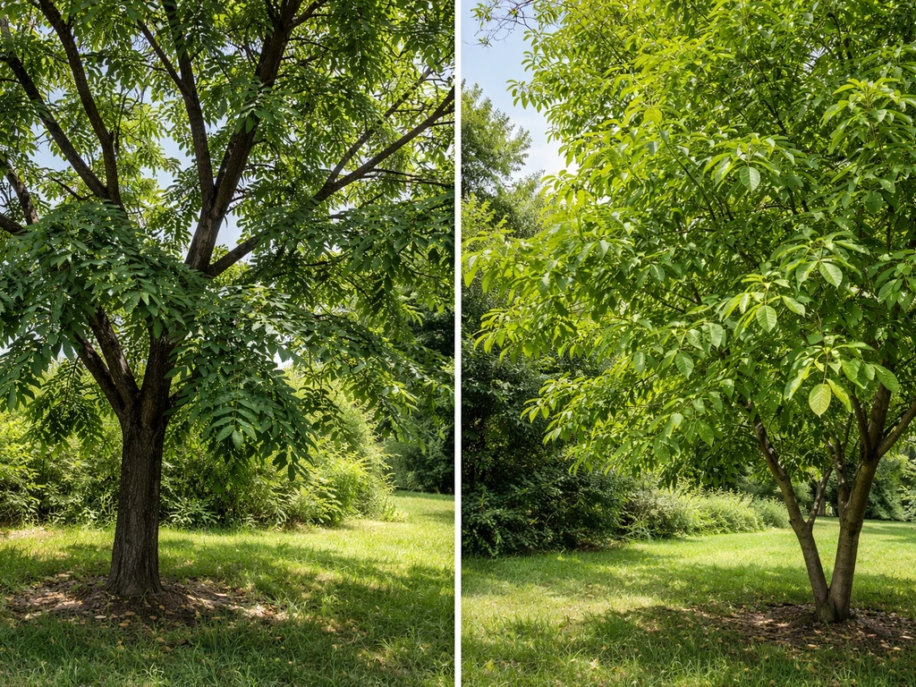 Two walnut trees side-by-side with distinct leaf and branch shapes in natural daylight.