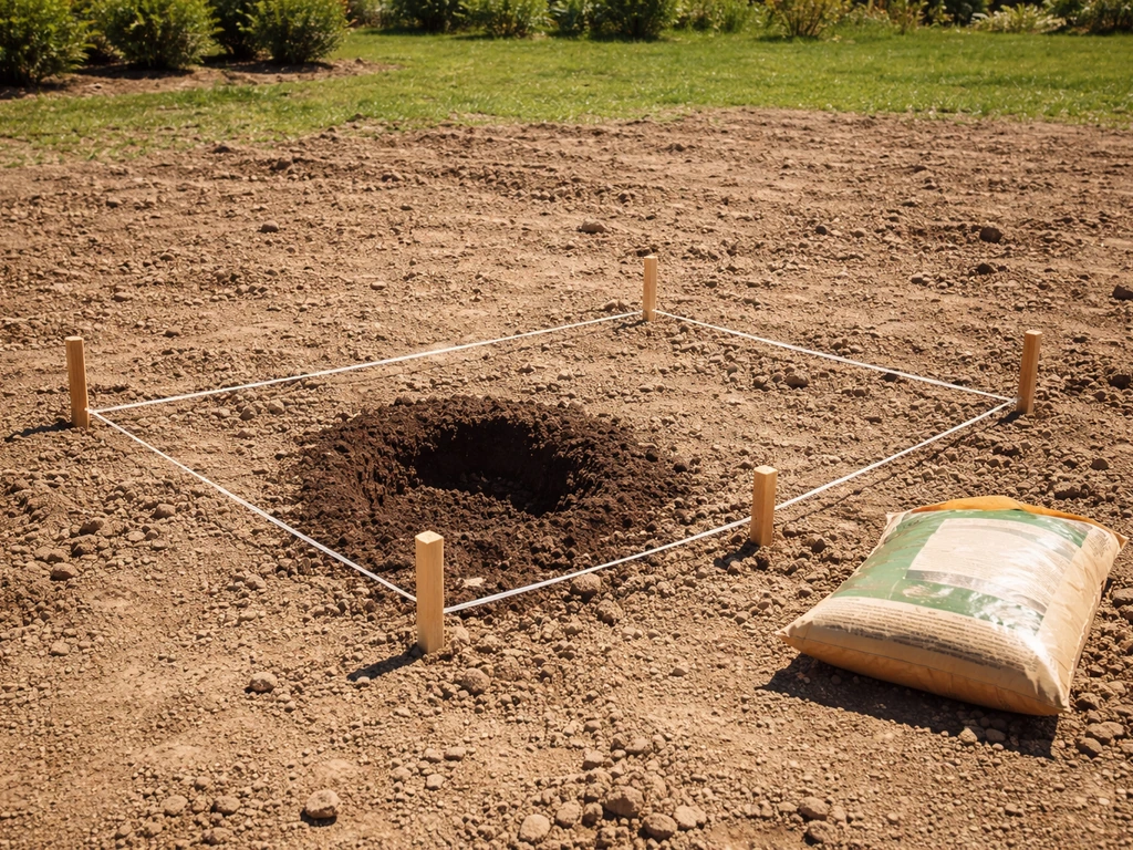 Minimal yard setup showing a full-sun planting spot with a marked hole and spacing tape