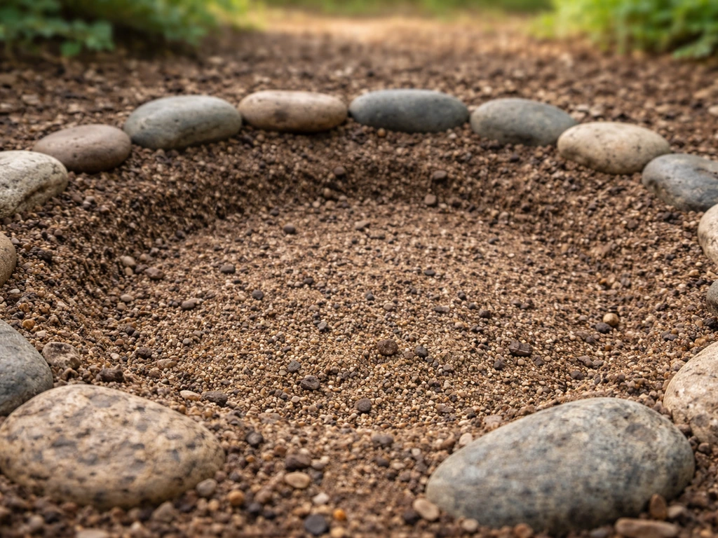 Close-up of well-draining sandy-loam soil with a shallow infiltration test basin near a black walnut planting area