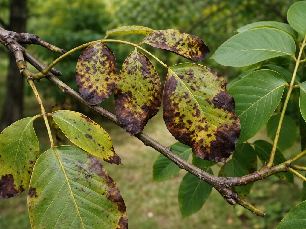 Walnut branch with brown spotted leaves from blight beside a nearby healthy green branch.