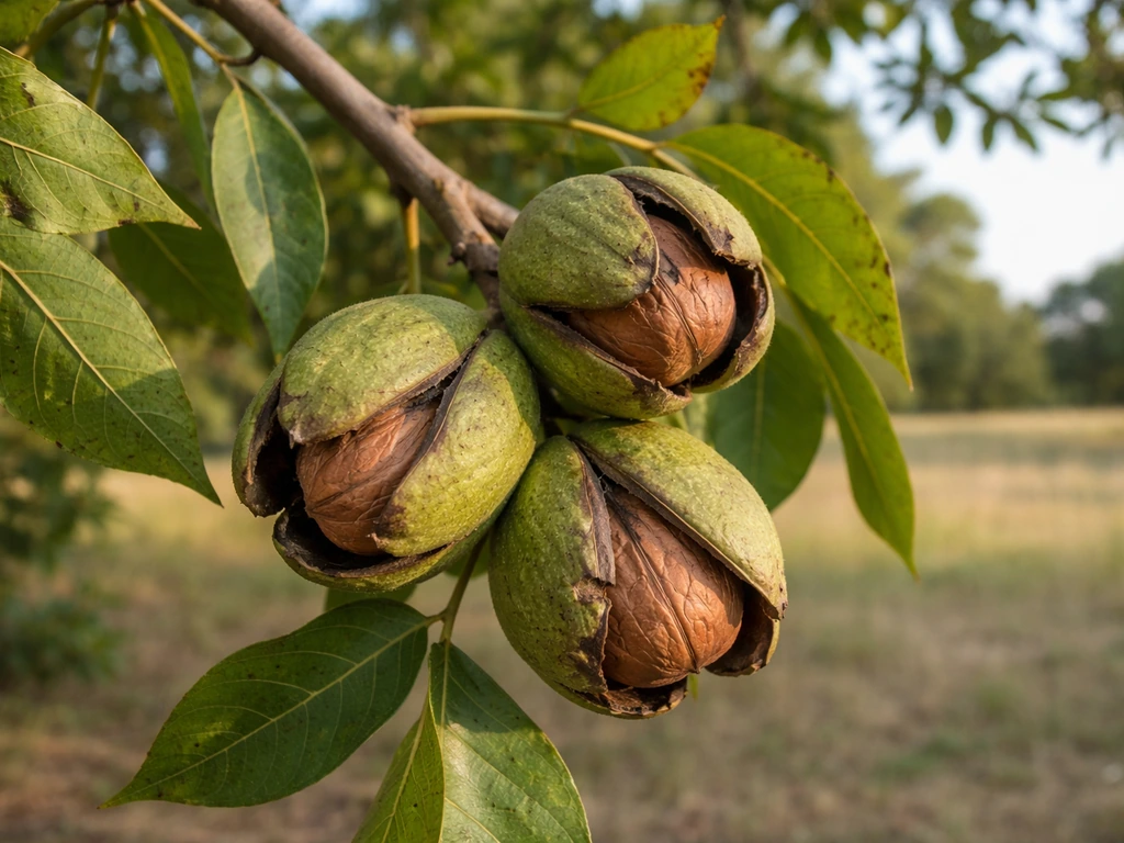Walnut branch in Texas with green husks cracking and nuts ready to harvest