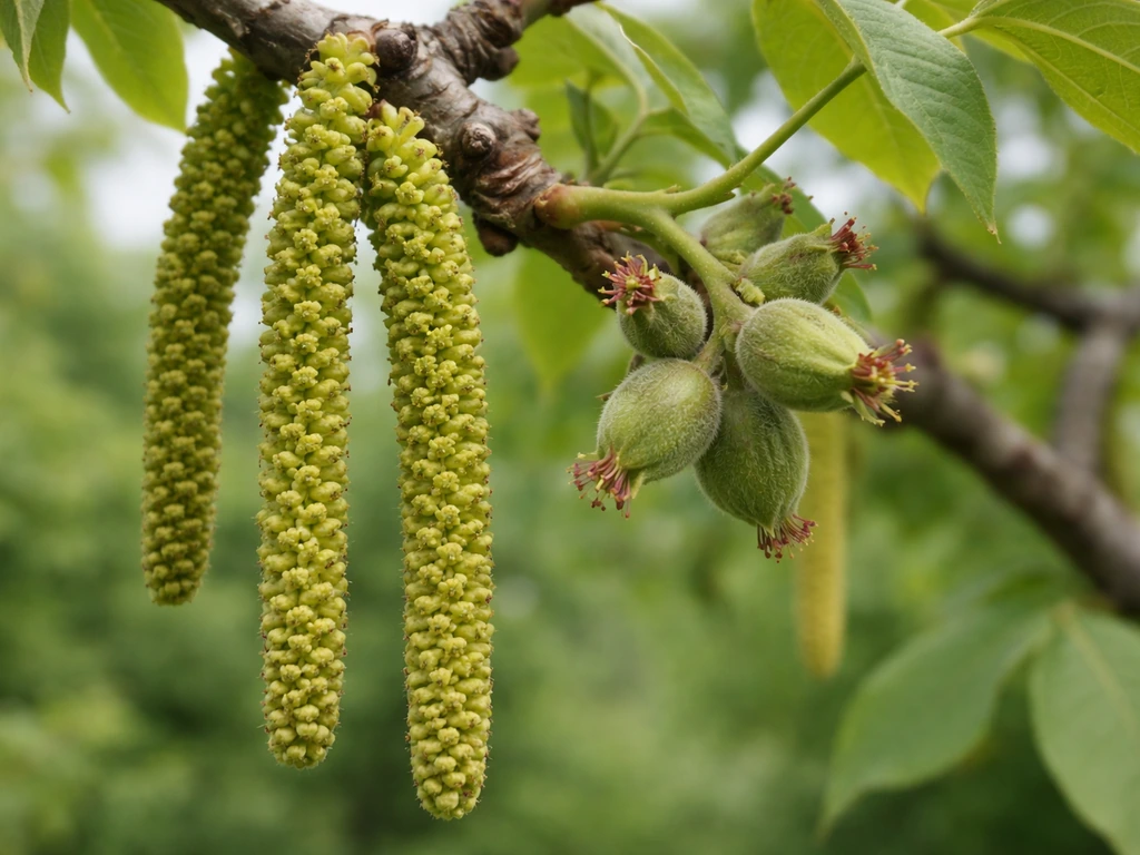 Close-up of walnut branches with drooping male catkins and early developing female nut set