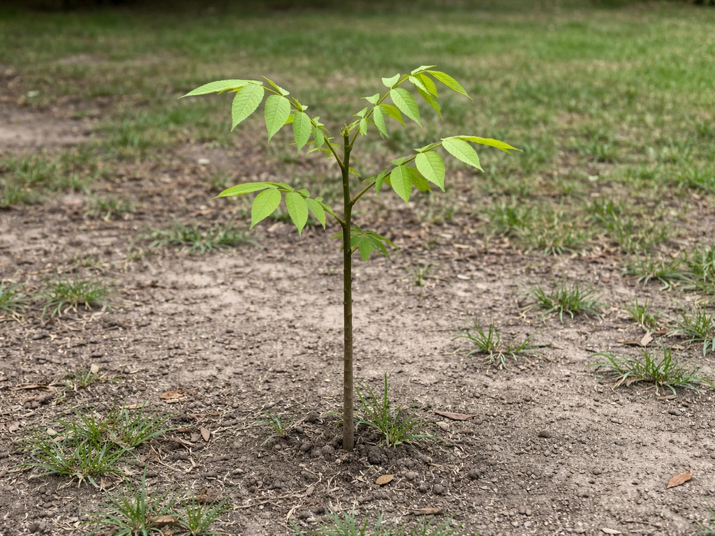 Young black walnut sapling with thin trunk and no nuts, growing in soil with sparse grass.