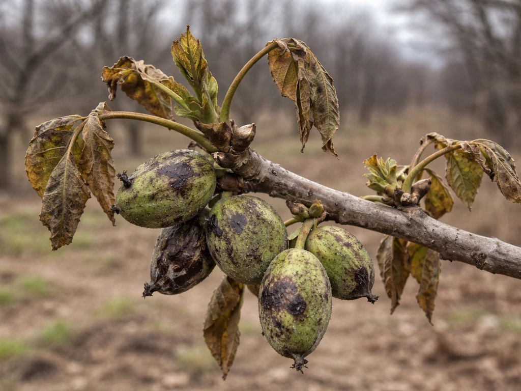 Walnut branch tips with developing husks showing frost/heat damage after a cold snap.