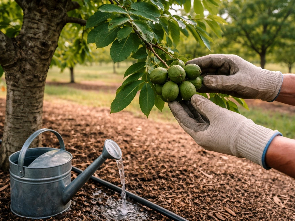 Gloved hands checking walnut nut set while simple irrigation waters soil at the tree base.