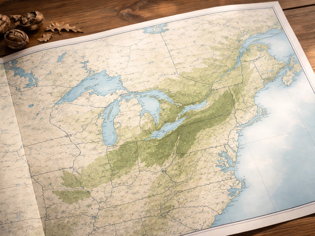 Open paper map of eastern North America with softly shaded zones and a few black walnut shells on a desk.