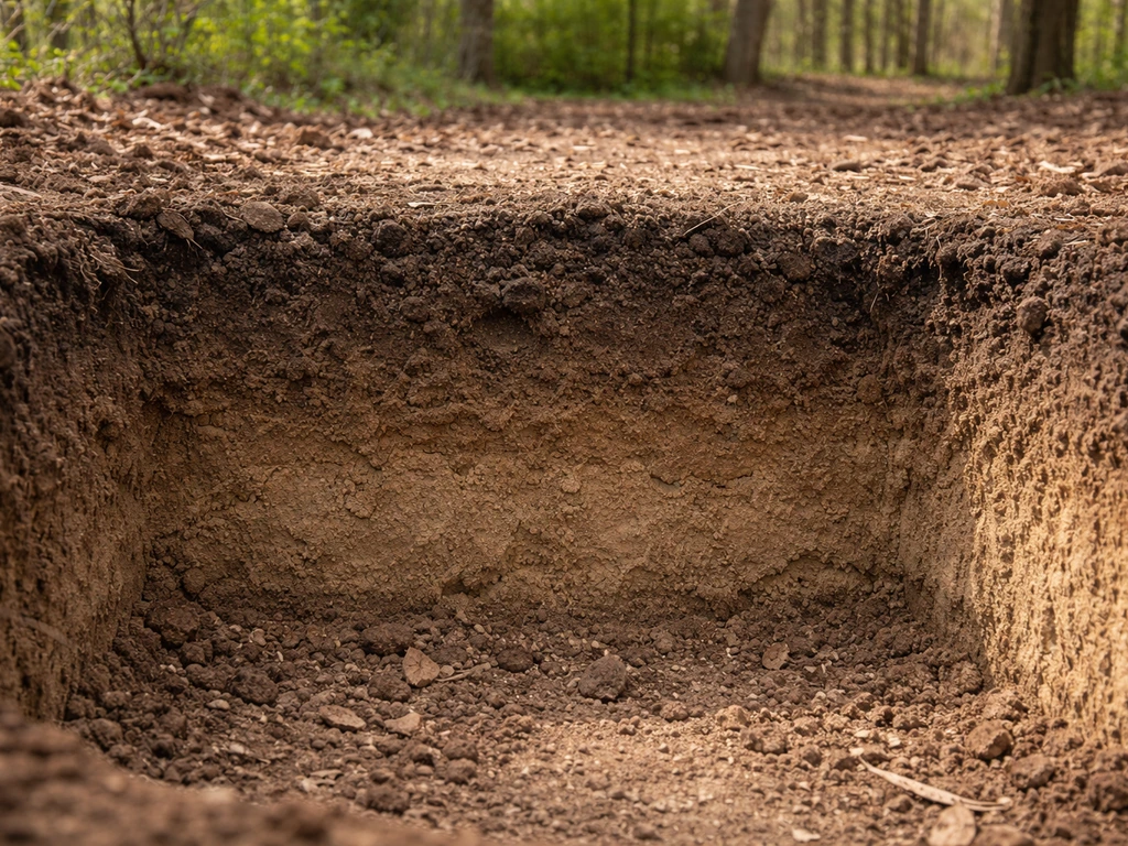 Close-up of a dug soil cross-section showing deep loamy, moist, well-drained layers.