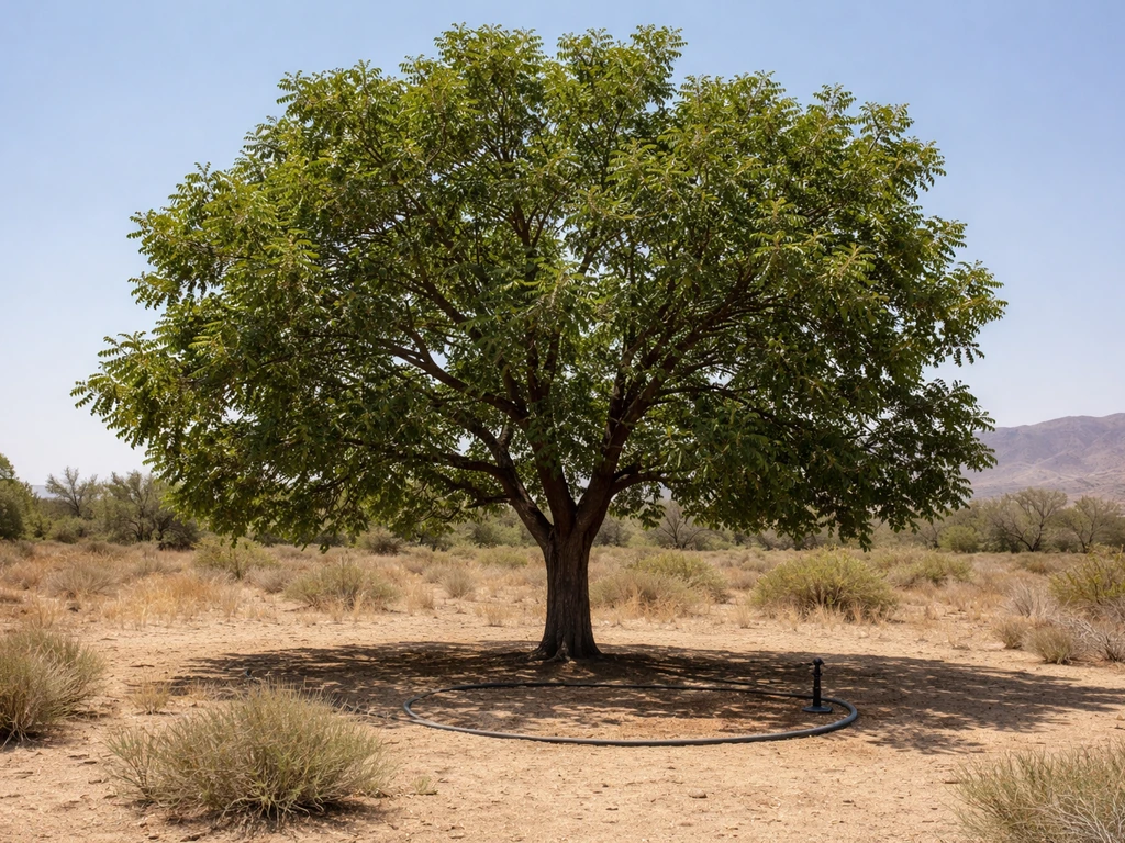 Mature black walnut tree in a dry landscape with hose and small sprinkler near the roots.