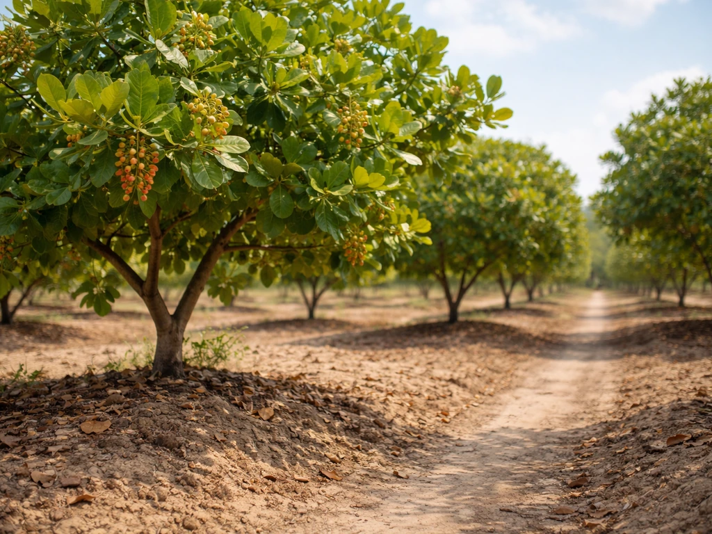 Cashew trees in a tropical orchard with sandy loam–like well-drained soil and bright natural light