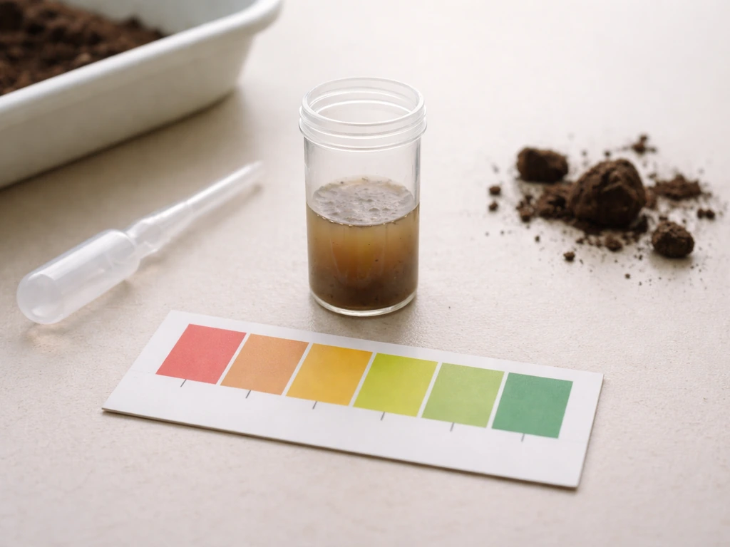 Close-up of a simple soil pH testing kit with a pH color card and soil sample on a table.