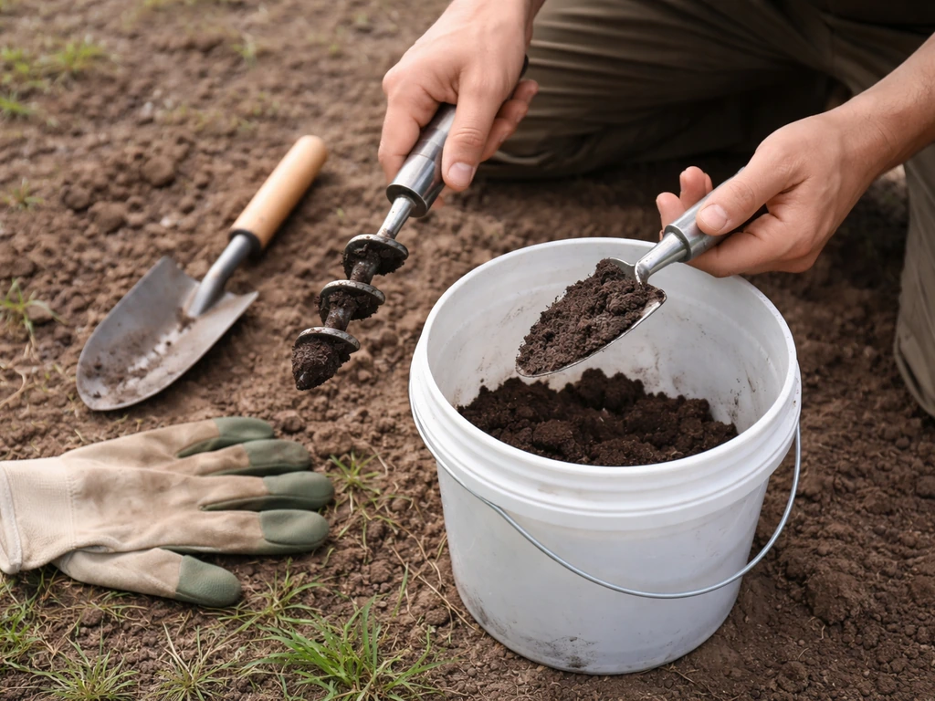Hands using a small hand auger to collect soil plugs into a bucket for composite pH and drainage testing.