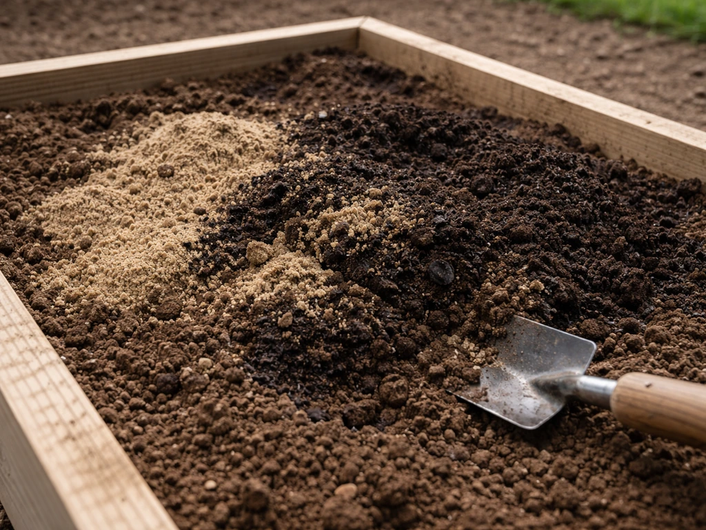 Close-up of coarse sand and compost being mixed into soil inside a raised garden bed frame.