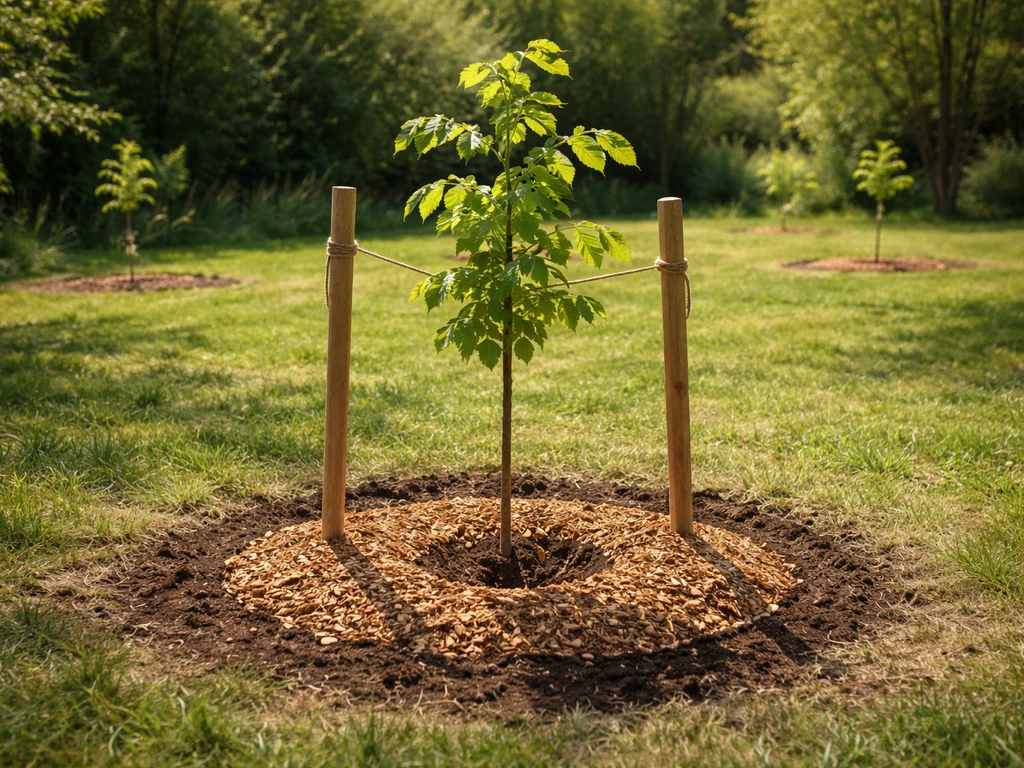 Young sapling nut tree newly planted in a sunny backyard with mulch ring and support stakes.