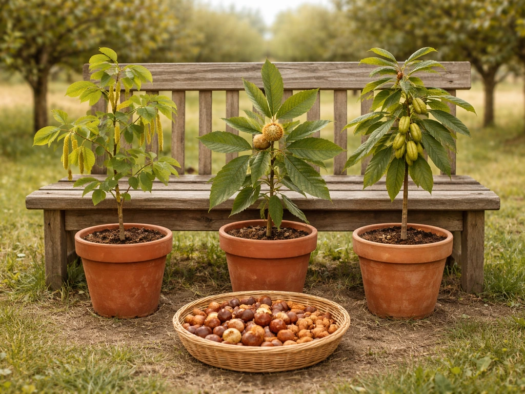 Minimal backyard scene with potted nut trees and a basket of mixed nuts in natural light.
