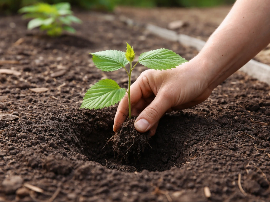 A hand plants a young hazelnut seedling in a prepared garden hole in a cool-temperate bed.