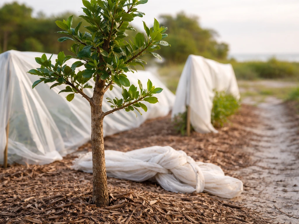Young macadamia sapling in a coastal subtropical garden with frost cloths nearby at the base.