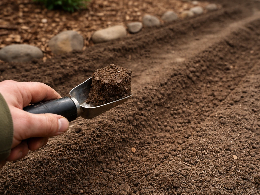 Close-up of a garden soil scoop showing crumbly soil and slight grade for drainage under natural light.