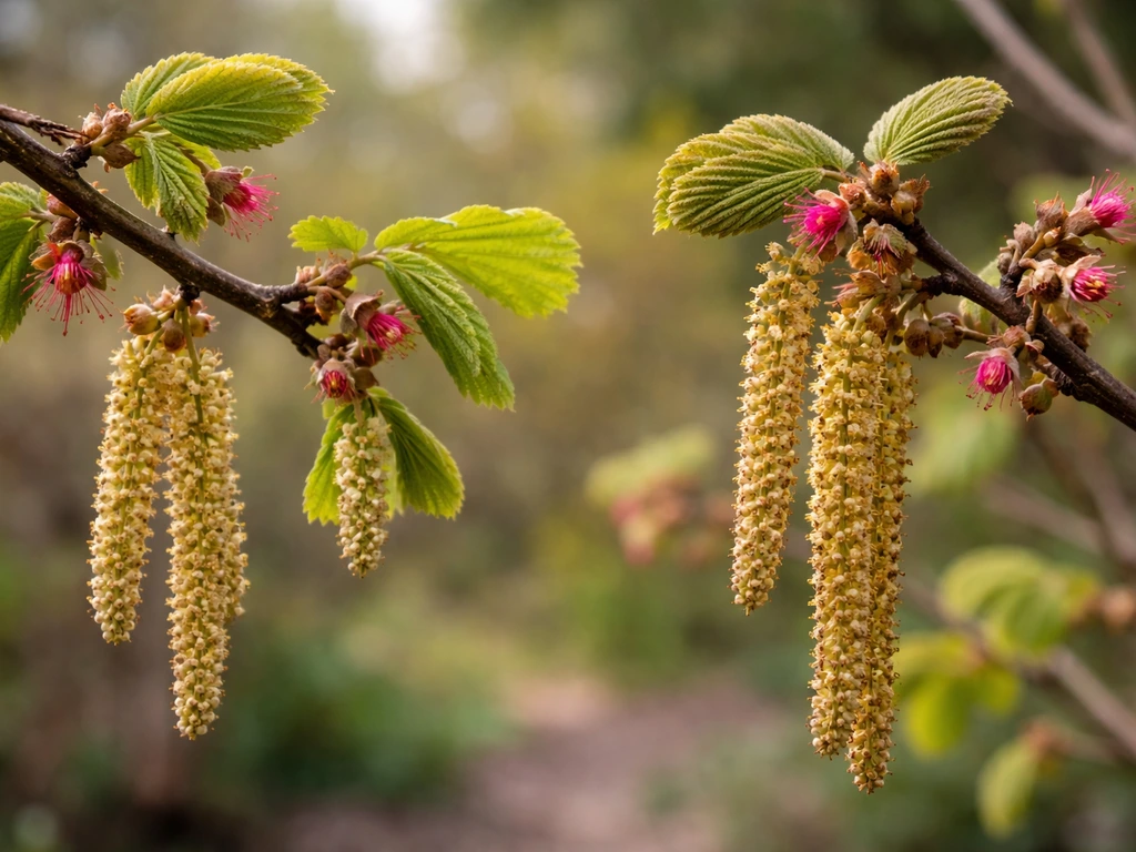 Close-up of hazelnut flowering branches, showing two different blooming cultivars together outdoors.