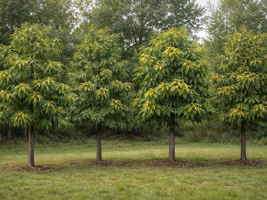 Four chestnut trees with distinct leaves and burrs, showing American, Chinese, European, and hybrid differences.