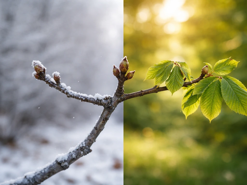Two-panel view of a chestnut branch: winter frost and dormant buds versus warm summer leaf growth.