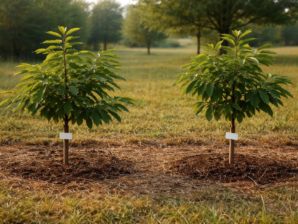 Two young chestnut trees in an orchard, each with a plain garden tag, showing a clear side-by-side comparison.