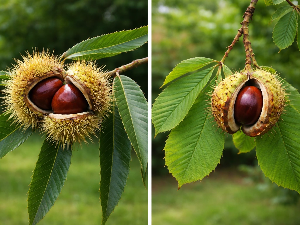True chestnuts on a Castanea branch beside horse chestnut husks on a separate Aesculus branch.