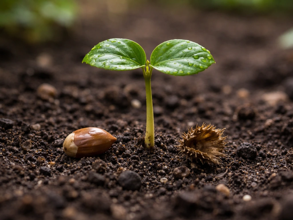 Beech nut beside a small beech sapling emerging from dark soil in natural light