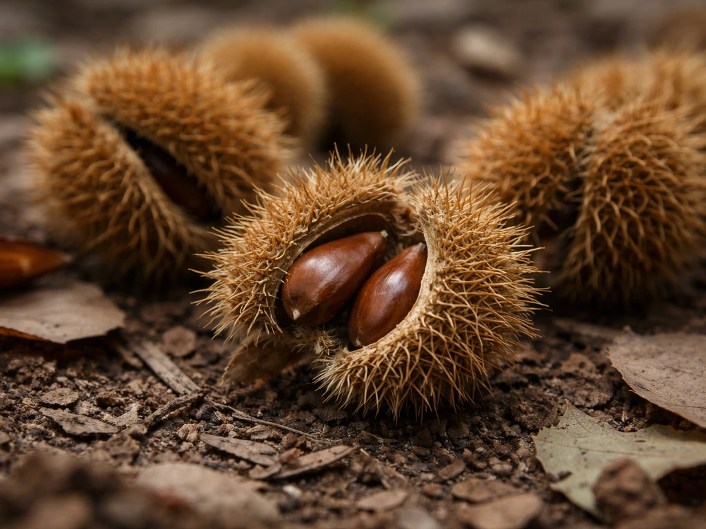 Close-up of spiky beech burs with intact beech nuts nestled inside, showing viable seeds ready to grow.