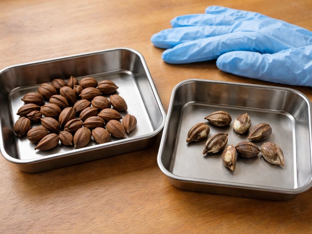 Beech nuts sorted on a tray, with firm heavy nuts separated from hollow or mouldy ones.