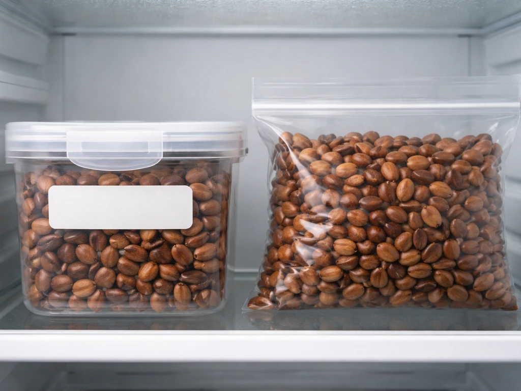 Airtight container and sealed bag of beech nuts stored in a refrigerator at 0–5°C.