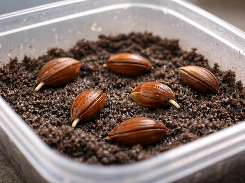 Beech nuts in a moist medium inside a clear container with early radicle/chitting visible