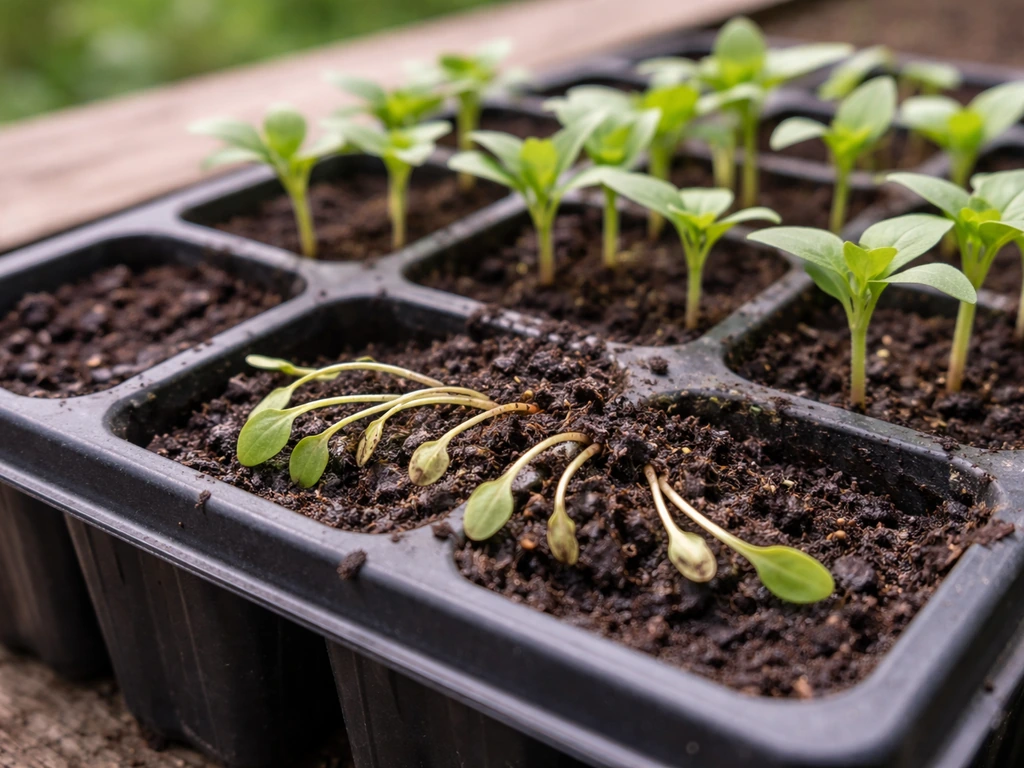 Close-up of seedling tray where some seedlings collapse at the soil line while others stay healthy upright.