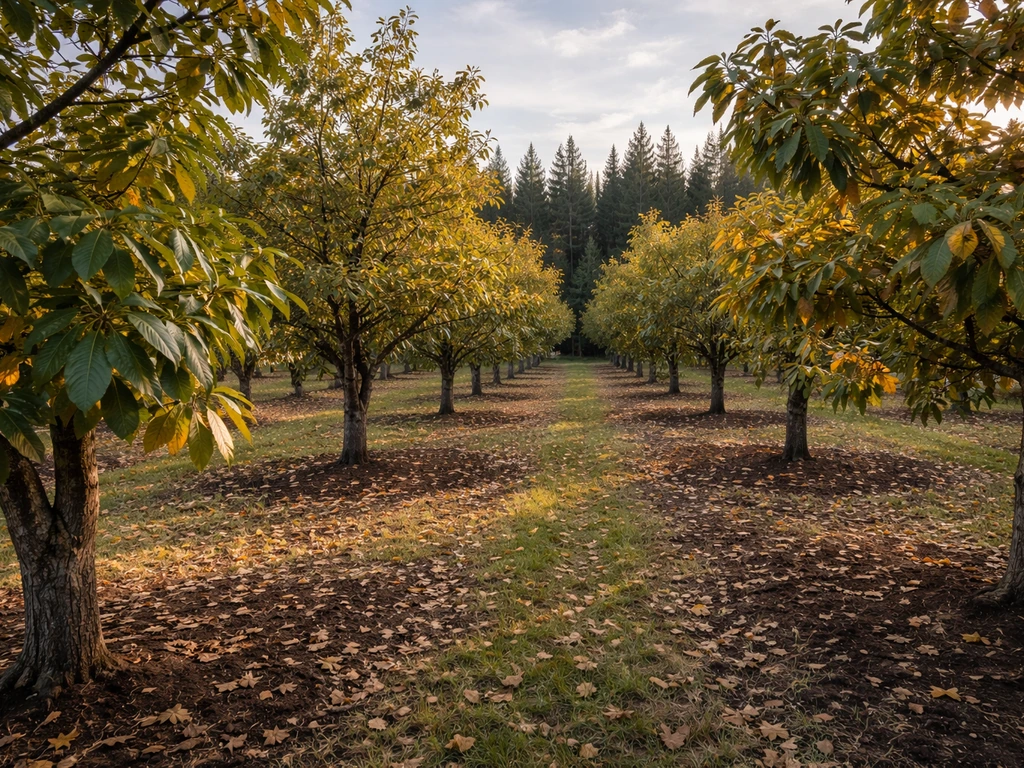 Autumn Michigan orchard with walnut and chestnut trees on rolling ground under a cool sky